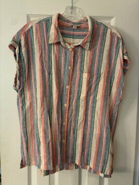 Orvis Women's Striped Linen Blend Sleeveless Button Up Collar Shirt Top Size L